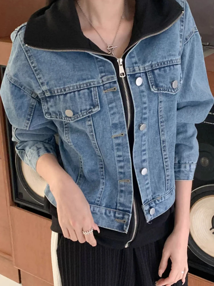 

Цветной блуз, джинсовый тюнер, женский свободный крой, воротник на молнии, двойной модный поддельный джинсовый топ из двух предметов, хлопковый повседневный топ