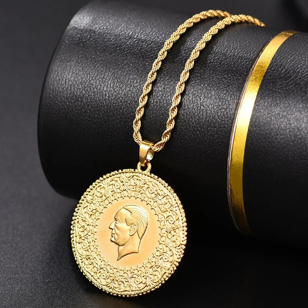 Three Size Muslim Islam Turkey Ataturk Pendant Allah Arab Necklaces for Women Gold Color Turkish Coins Jewelry Ethnic Gifts