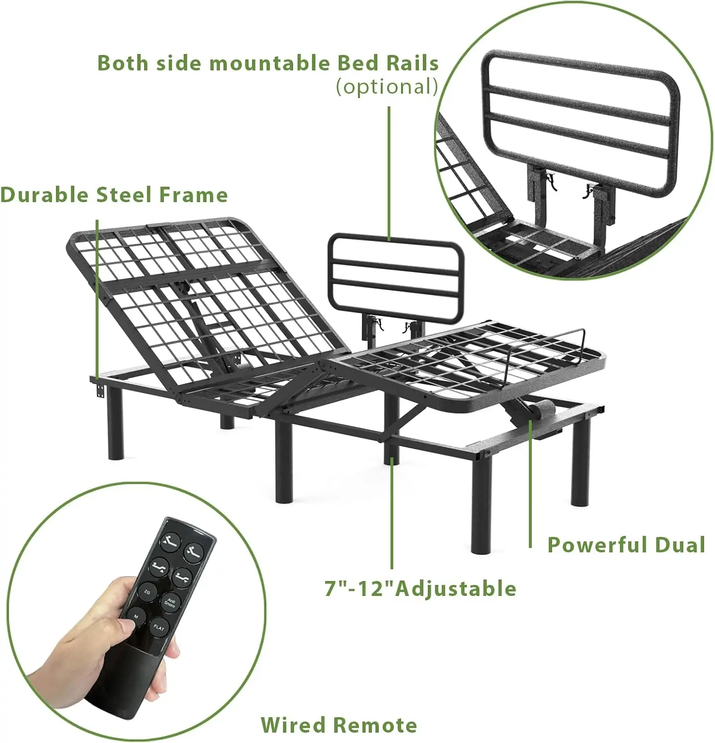 Base de lit réglable avec un rail d'assistance de lit pour les personnes âgées, moteur silencieux de qualité supérieure, anti-ronflement, zéro gravité, pré-ensembles de mémoire, sans fil