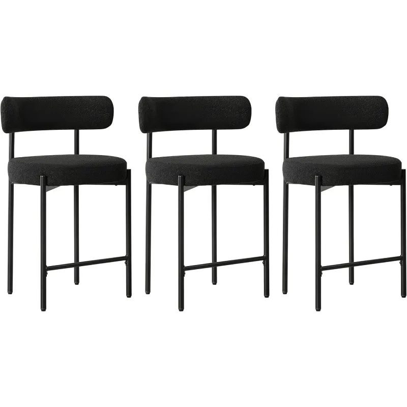 

24'' Boucle Counter Stools Set of 3,Black Bar Stools with Backs,Counter Height Bar Stools for Kitchen Island/Kitchen Counter