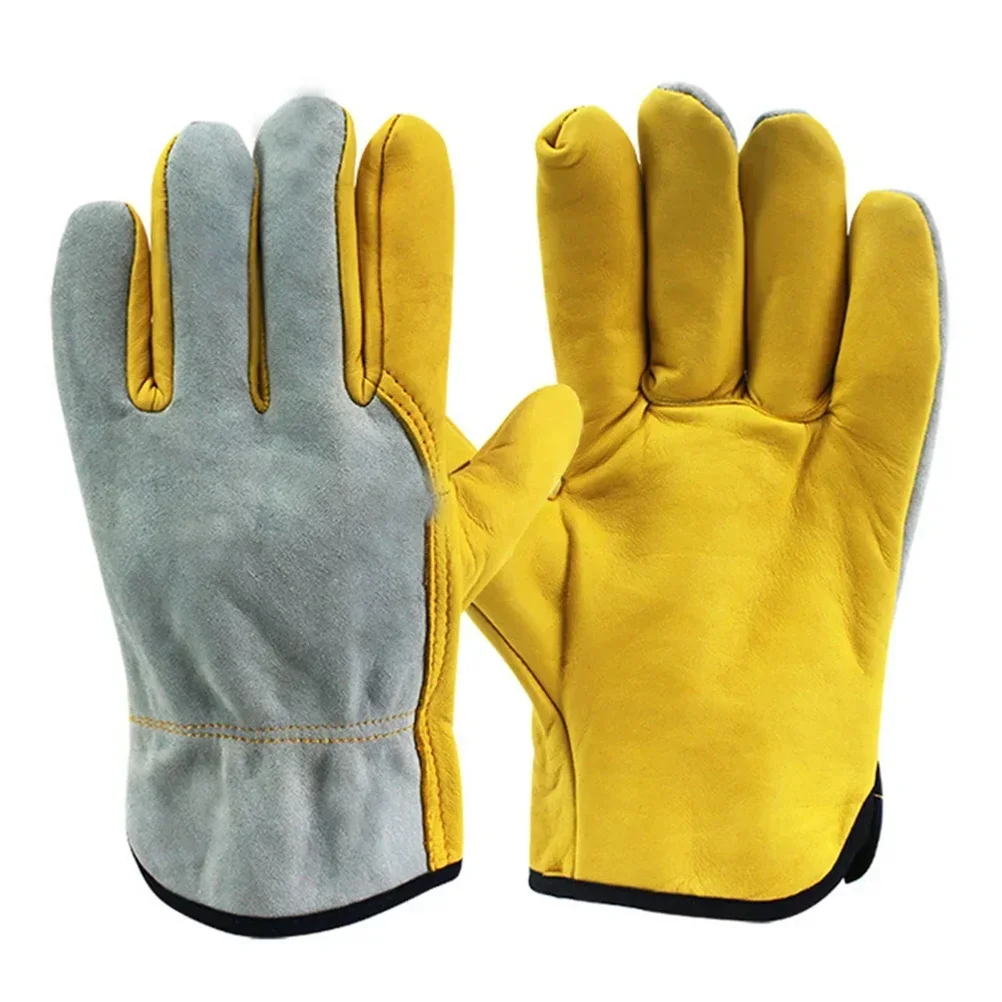 1 Pair Leather Working Gloves Stretchable Wrist Tough Cowhide Gloves Wear Resistant Anti Heat Labour Protection Welding Gloves