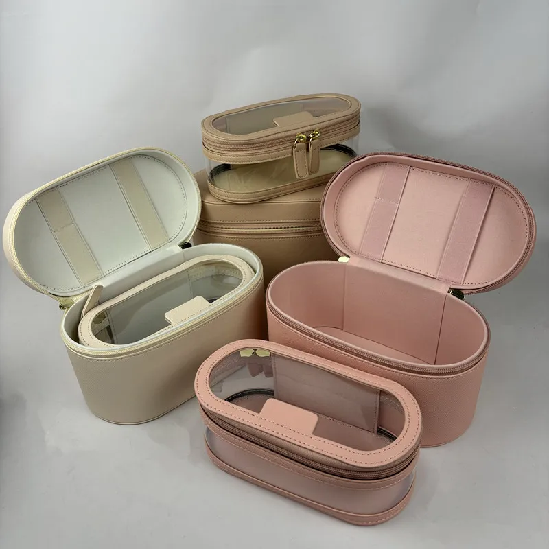 

2Pcs Transparent Makeup Brush Case Large Capacity PU Leather Pouch Travel Toiletry Bag Portable Cosmetic Organizer Storage Pack