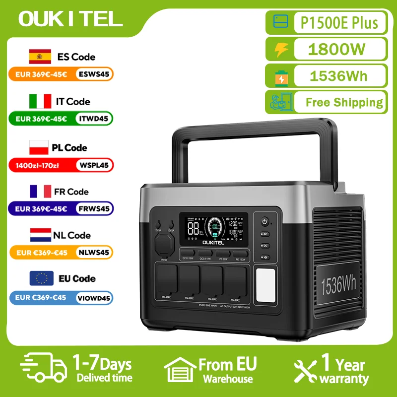OUKITEL P1500 PLUS centrale électrique Portable 1800W générateur solaire 1536Wh Lifepo4 batterie de secours à domicile Camping en plein air puissance Mobile