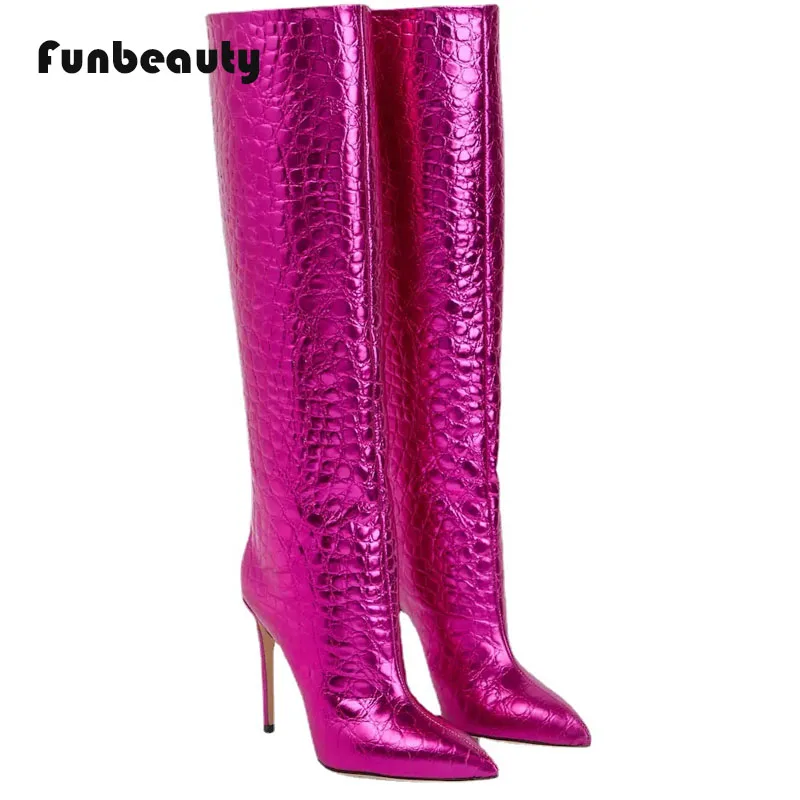 

2024 Women's Genuine Leather Boots Stone Pattern Straight Long Boots Sexy Snake Patterned Pointed Thin Heel Boots New Arrive