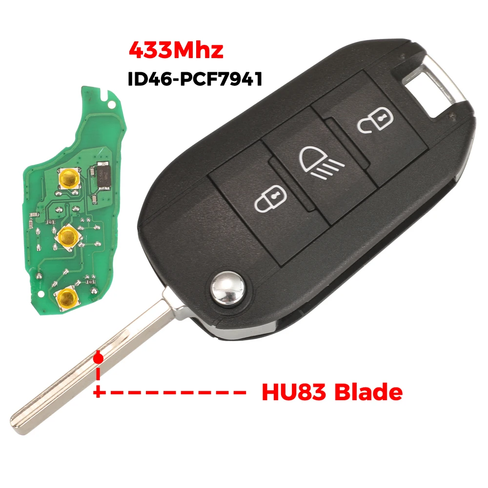 Jingyuqin 433Mhz Fernbedienung Autoschlüssel für Peugeot 208 301 308 508 2008 5008 Hella Passend für Citroen C3 C4 C4L ID46-7941 Chip HU83 VA2 Klinge