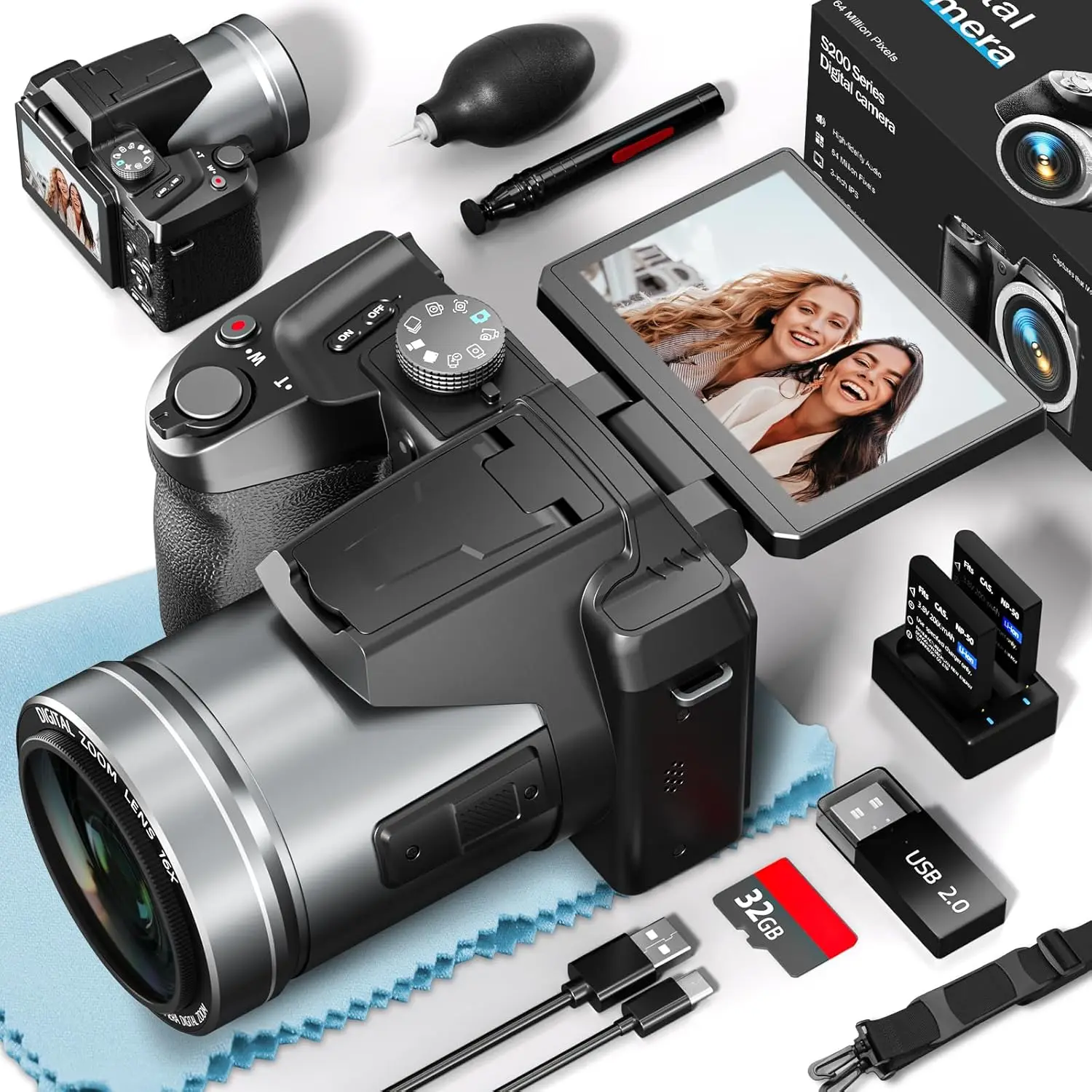 NBD S205E 64MP Professional Digital Camera for Photography 5K Vlogging Camera with 3"Flip Screen 16X Digital Zoom 32GB Micro SD Card Youtube Live Streaming Girls Gift Microphone Long-lasting Battery