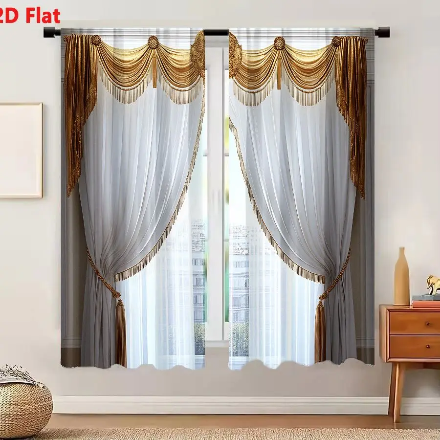 2Pcs Curtains Add 2D Flat Elegant Luxury White Sheer Curtains With Gold Drapes Ornate Valance And Tassels Window Drapes for Bedr