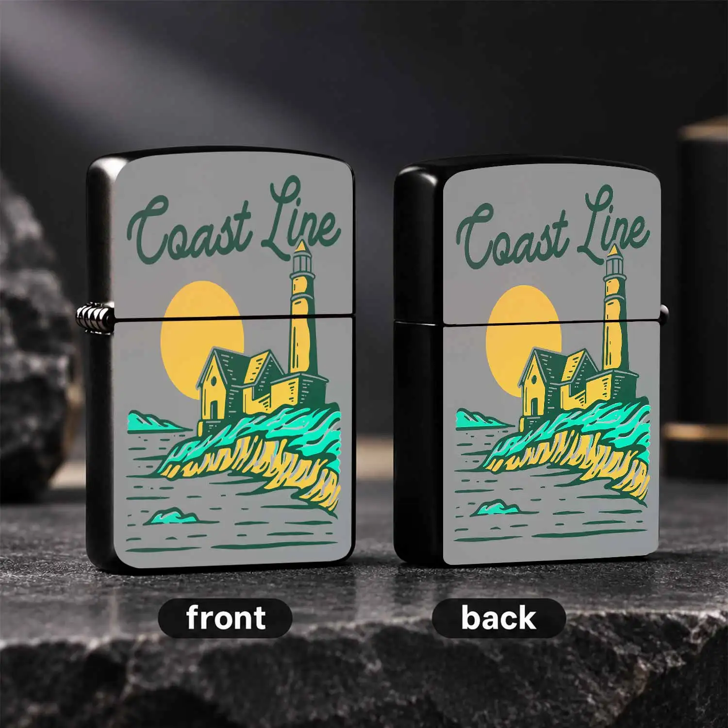 Vintage Coast Line Lighthouse Printed Lighter, Stylish Seaside Sunset Coastal Scenery Portable Igniter, Ideal For Outdoor Camping Picnic Daily Carrying, Exquisite Patterned Accessory For Personal Use Or Gifting On Vario A Humorous And Inter