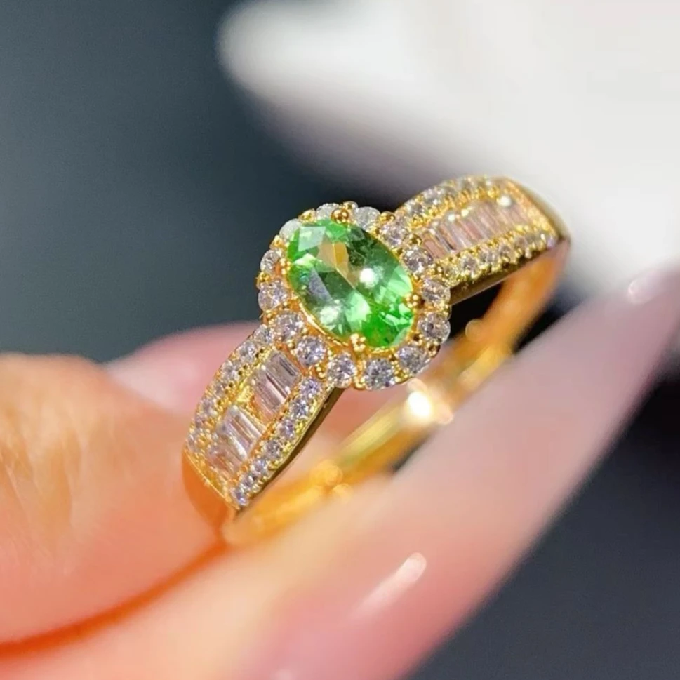 925 Sterling Silver Natural Tsavorite Ring Certified Fine Jewelry 4x6mm Oval Baguette Halo Gold Plated Gemstone Ring