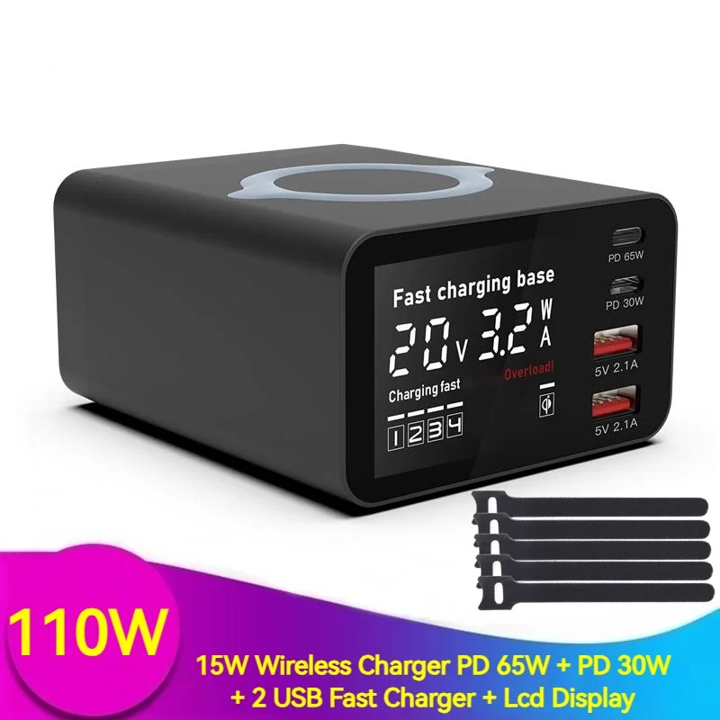 

110W Multifunctional Fast Wireless Charger Station 4in1 PD 65W USB Type C LCD Display Carregador For Iphone 14 13 Samsung Xiaomi