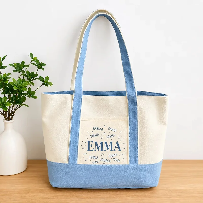 Customizable Name Canvas Shoulder Bag Add Name Color Block Front Pocket Large Women Beach Daily Shopping Reusable Casual Tote