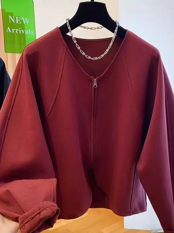 

Extra Large 200-300 Pou Loose Cardigan Sweatirt Jaet Women's Autumn Winter Casual V-ne Zipper Layered Top