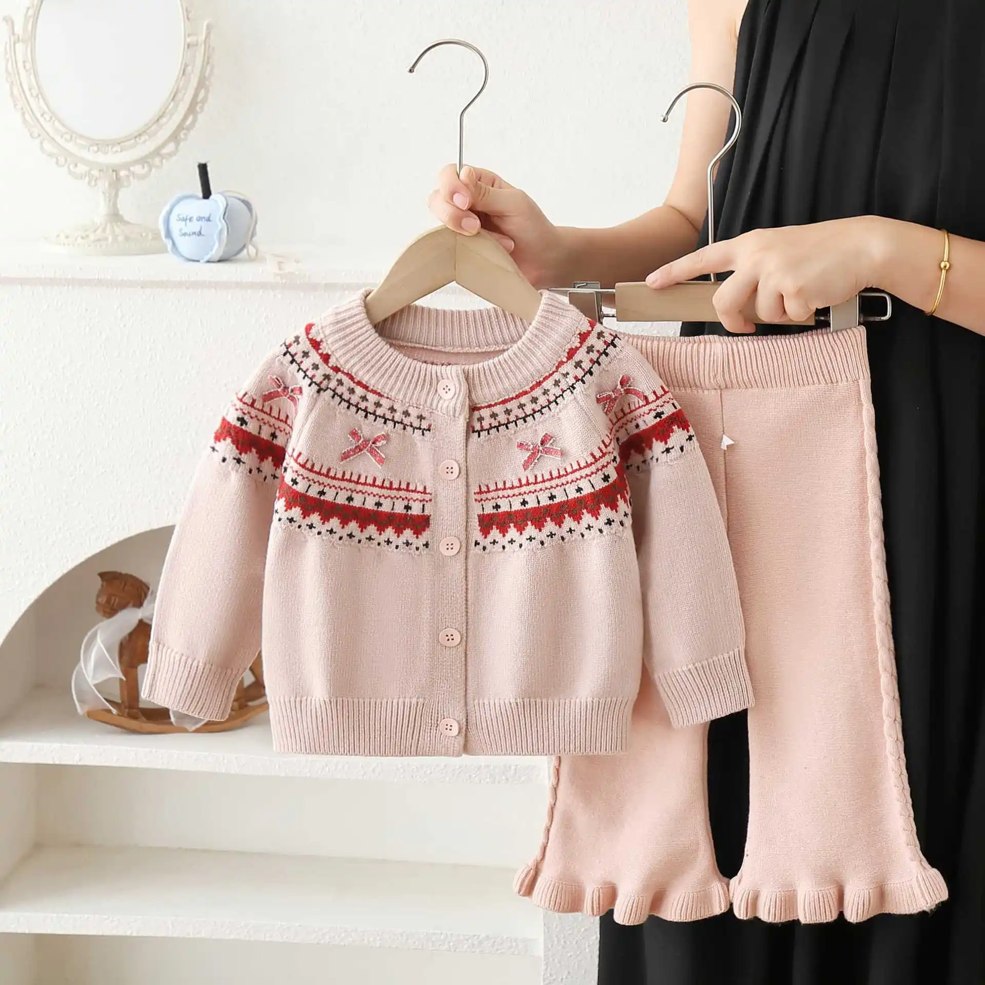 2026 New Girls Sweater Set Girls Fair Isle Jacquard Cardigan & Lace Pants Set, Vintage Sweater Two-Piece Outfit 2-6Years