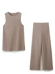 HH Women Casual Solid Top Pant Sets O Neck Sleeveless T-Shirt Vest Tops Elastic Waist Loose Trousers Summer Office Lady Suit