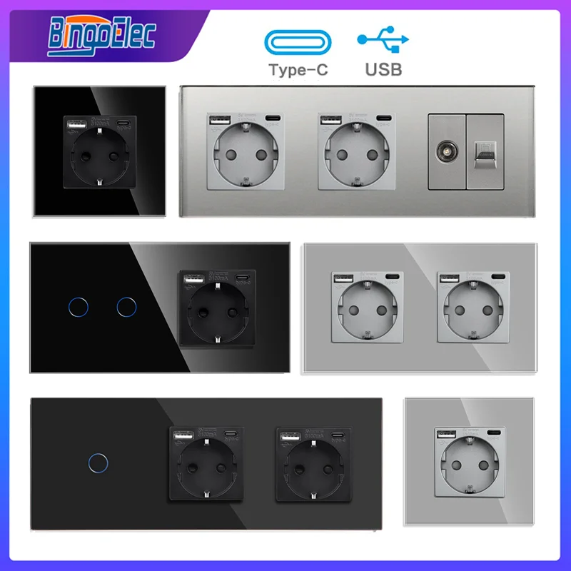 Bingoelec EU Standard USB Sockets with Type-C TV CAT6 Wall Light Switch Glass Panel Touch Switches and Glass Socket