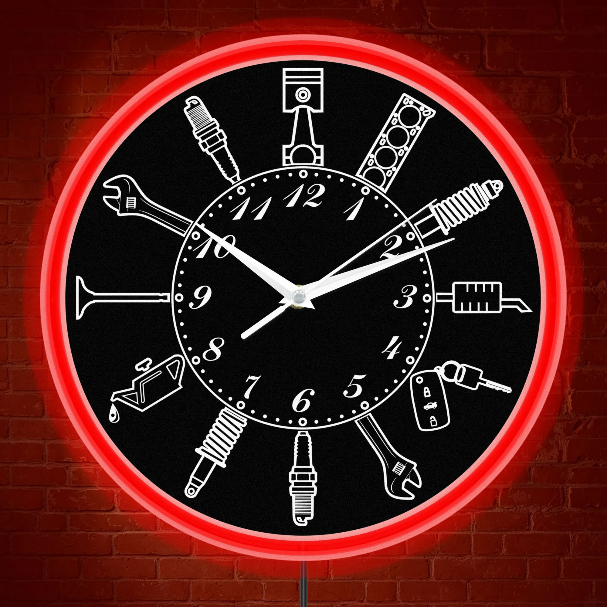 Black White Auto Service Tool LED Neon Wall Clock For Garage Workshop Man Cave Auto Repair Shop Mechanic Illuminated Wall Clock