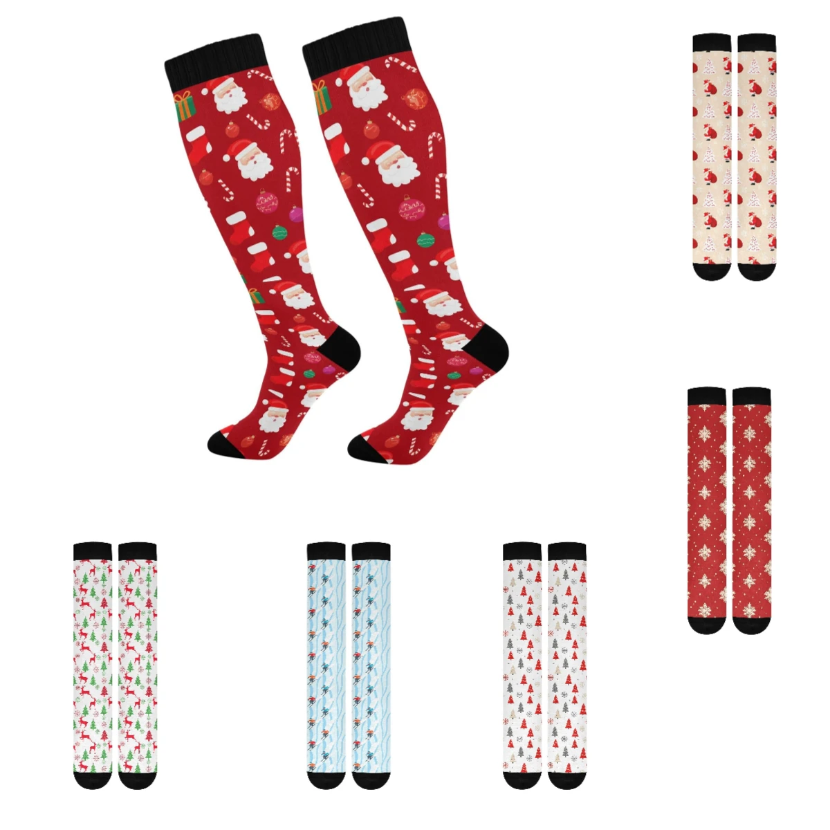 Red Compression Socks for Women Men Christmas Design Knee High Athletic Stockings, Running Cycling Sport Travel Nurse Support