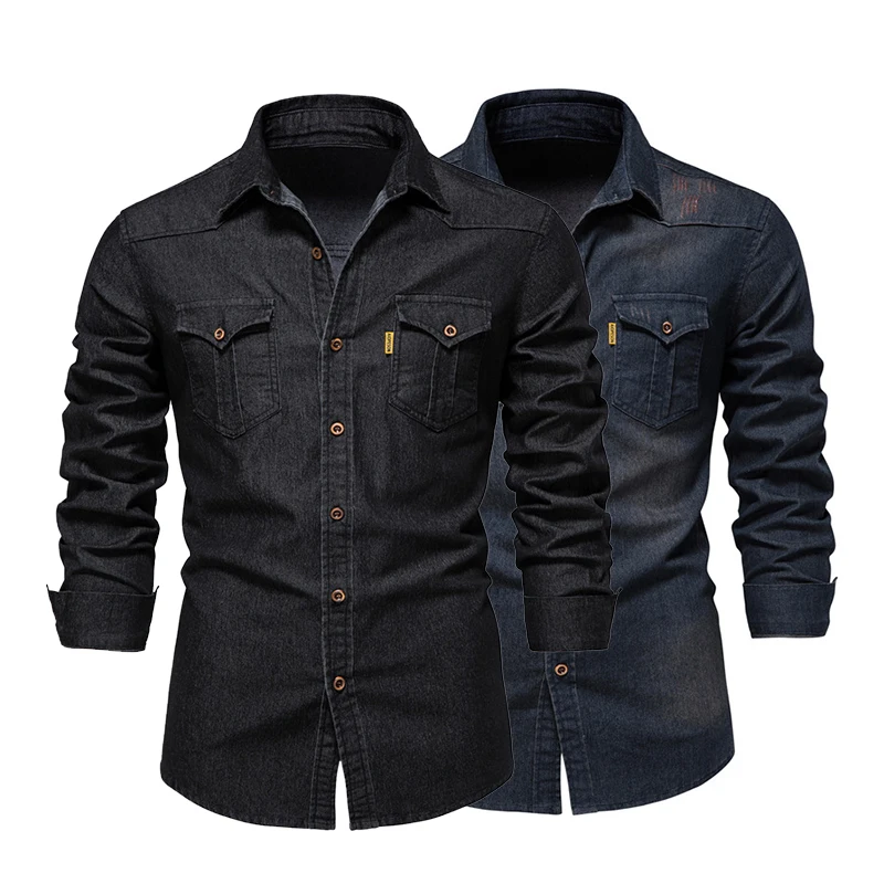 100% Cotton Men\'s Denim Long Sleeve Shirt Four Seasons New Business Fashion Retro Casual Shirt Jacket Male Brand Clothes