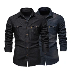 100% Cotton Men's Denim Long Sleeve Shirt Four Seasons New Business Fashion Retro Casual Shirt Jacket Male Brand Clothes