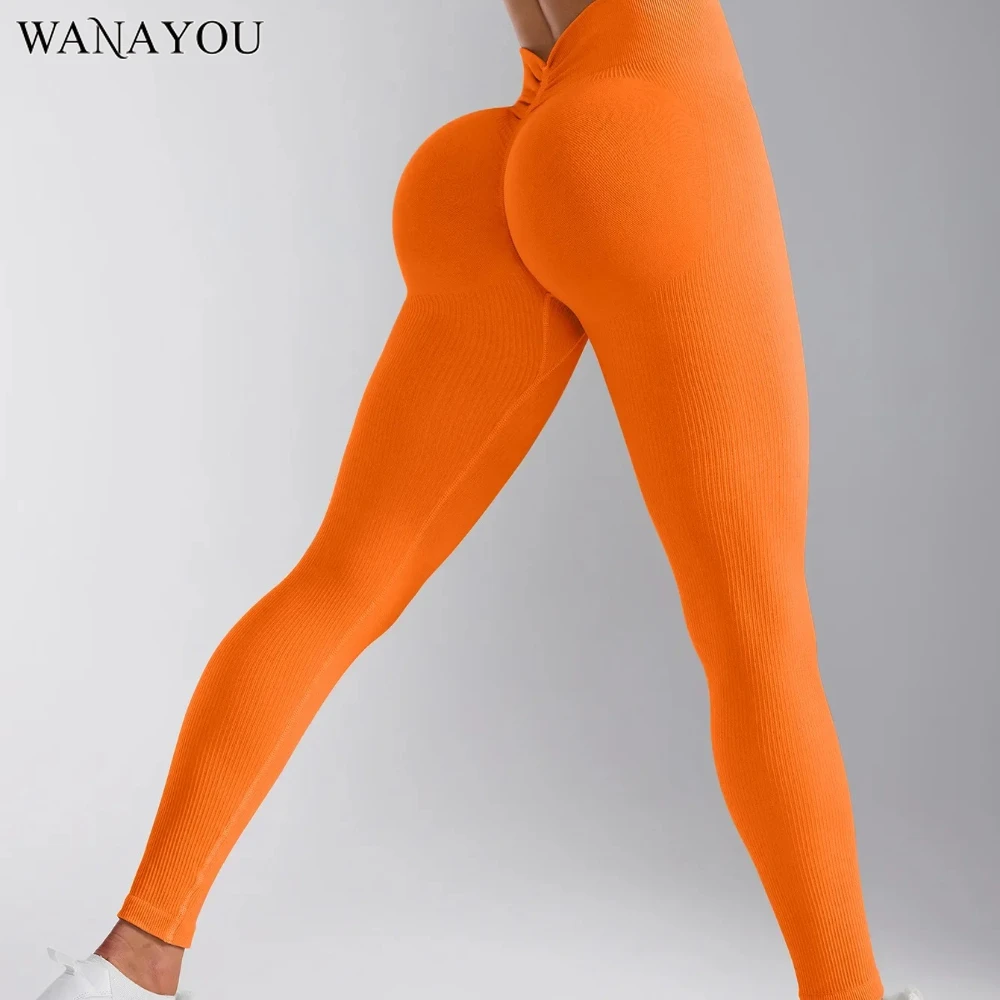 

WANAYOU Back V Pleated Women Yoga Pants Seamless Ribbed Sports Leggings Scrunch Butt Gym Fitness Tights Workout Quick Drying