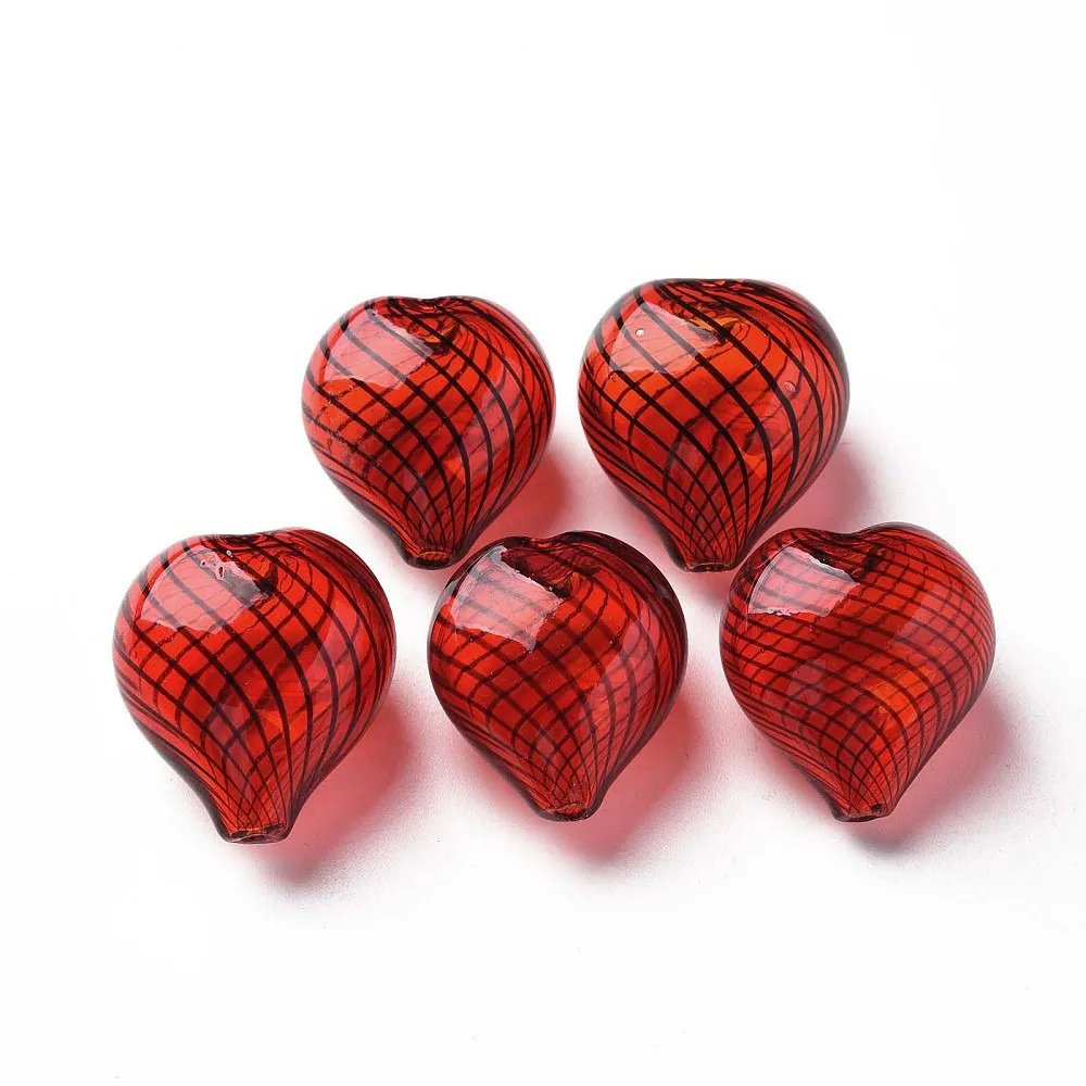 5pcs Transparent Handmade Blown Glass Globe Beads Stripe Pattern Heart Dark Red 22.5~24.5x20~22x15~17mm Hole: 1.6~2mm