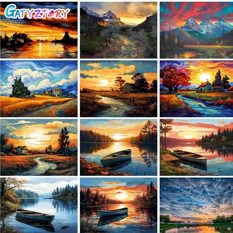 

GATYZTORY Modern Painting By Numbers With Frame 40x50cm Kits Sunset Landscape Picture With Numbers For Home Wall Art Picture