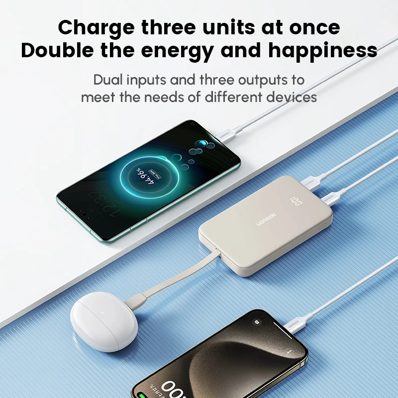 UGREEN Power Bank Battery Pack 10,000mAh 22.5W High Speed Charging Portable Charger with Built-in USB C Cable, 1 USB-C, 1 USB-A