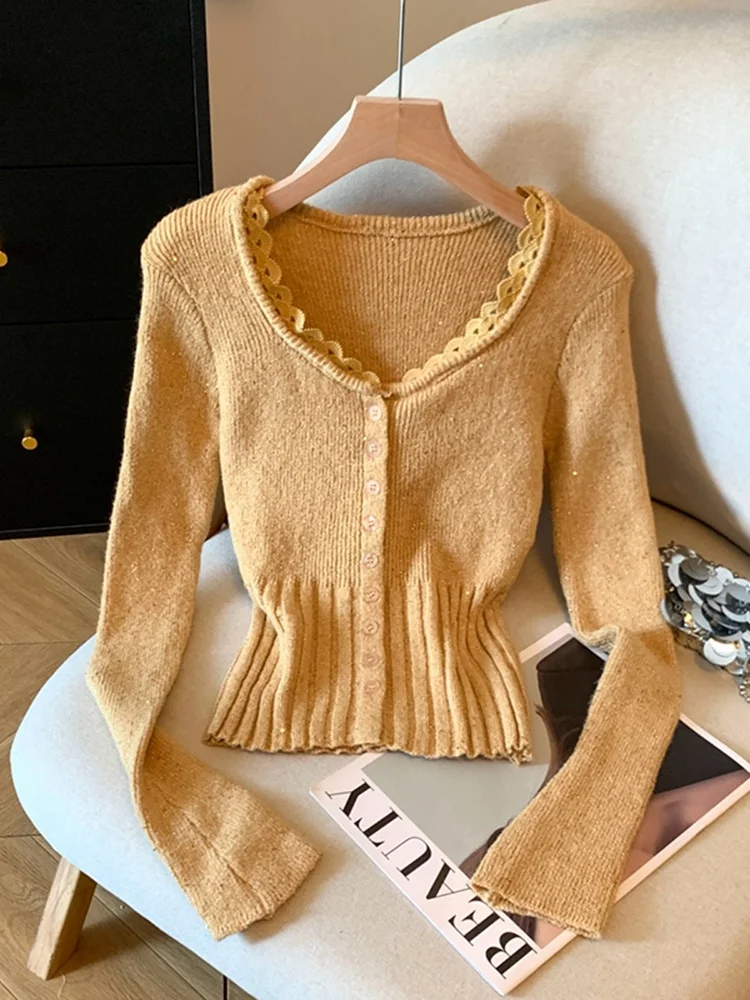 

Женский вязаный кардиган с V-образным вырезом и кружевной отделкой, приталенный укороченный свитер-жакет, весна 2026, модный корейский стиль, Ciwalk