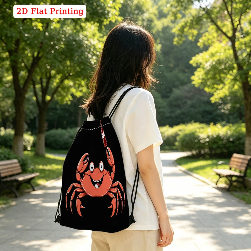 Cute Cartoon Style, Drawstring Backpack, Funny Red Crab Pattern 2D Flat Printing, Gym Sports Bag, Outdoor Travel Cinch Sack