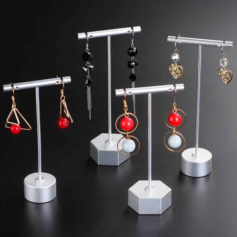 

Luxury Gold Silver Stainless Steel T-Shaped Earring Display Stand Jewelry Earring Holder for Jewelry Store Window Showcase