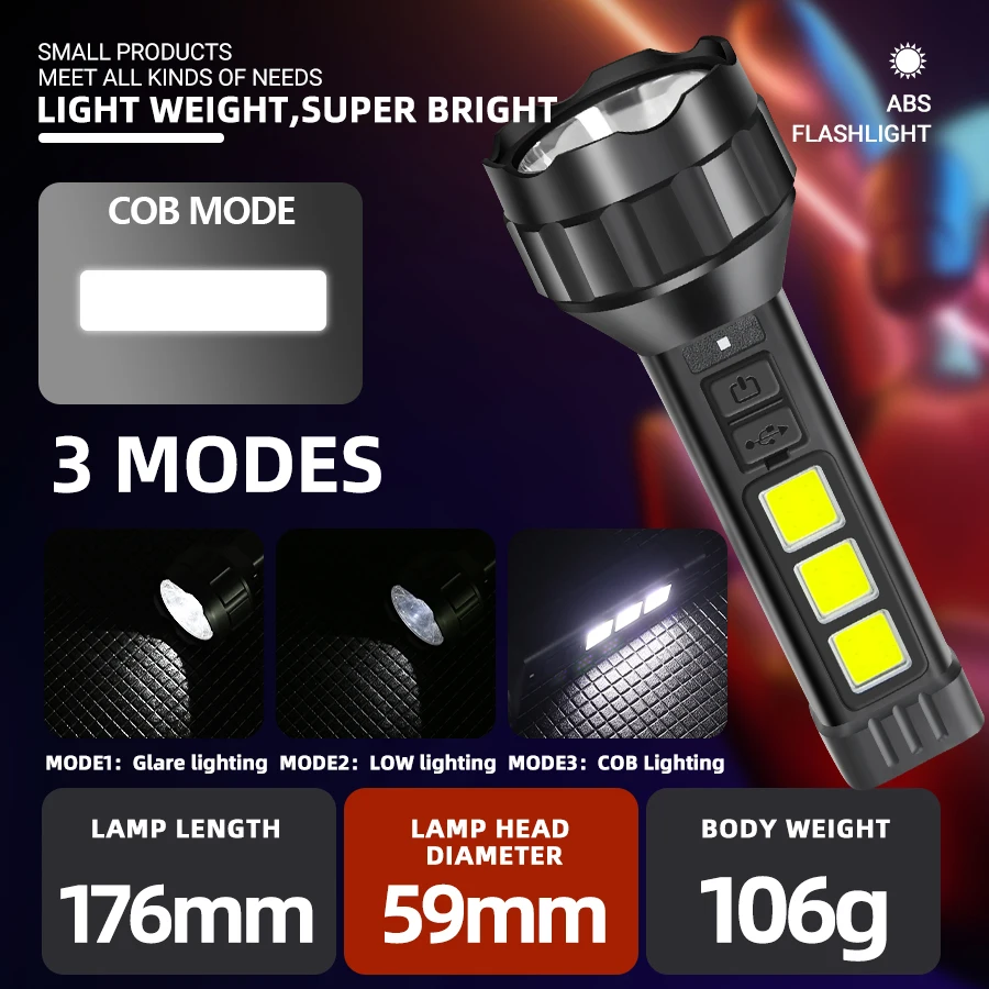 High Power Led Flashlight Built-in Battery USB Rechargeable With COB Side Light Torch Outdoor Camping Handheld Flashlights