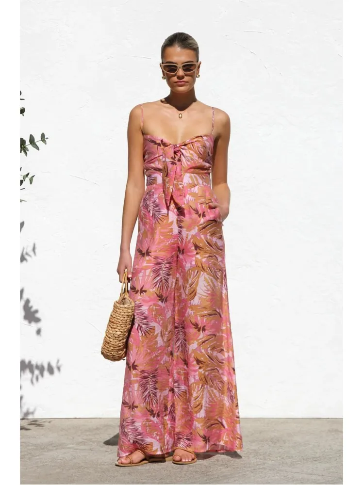 Summer Women Sleeveless Patchwork Holiday Printed Backless Jumpsuits 2025 New Elegant High Waist Wide Leg Set Ladies Beach Style