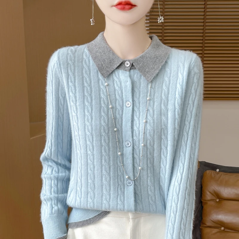 Autumn and winter new women\'s sweater 100% Merino wool lapel floral cardigan matching color fake two high-grade wind knit shirts