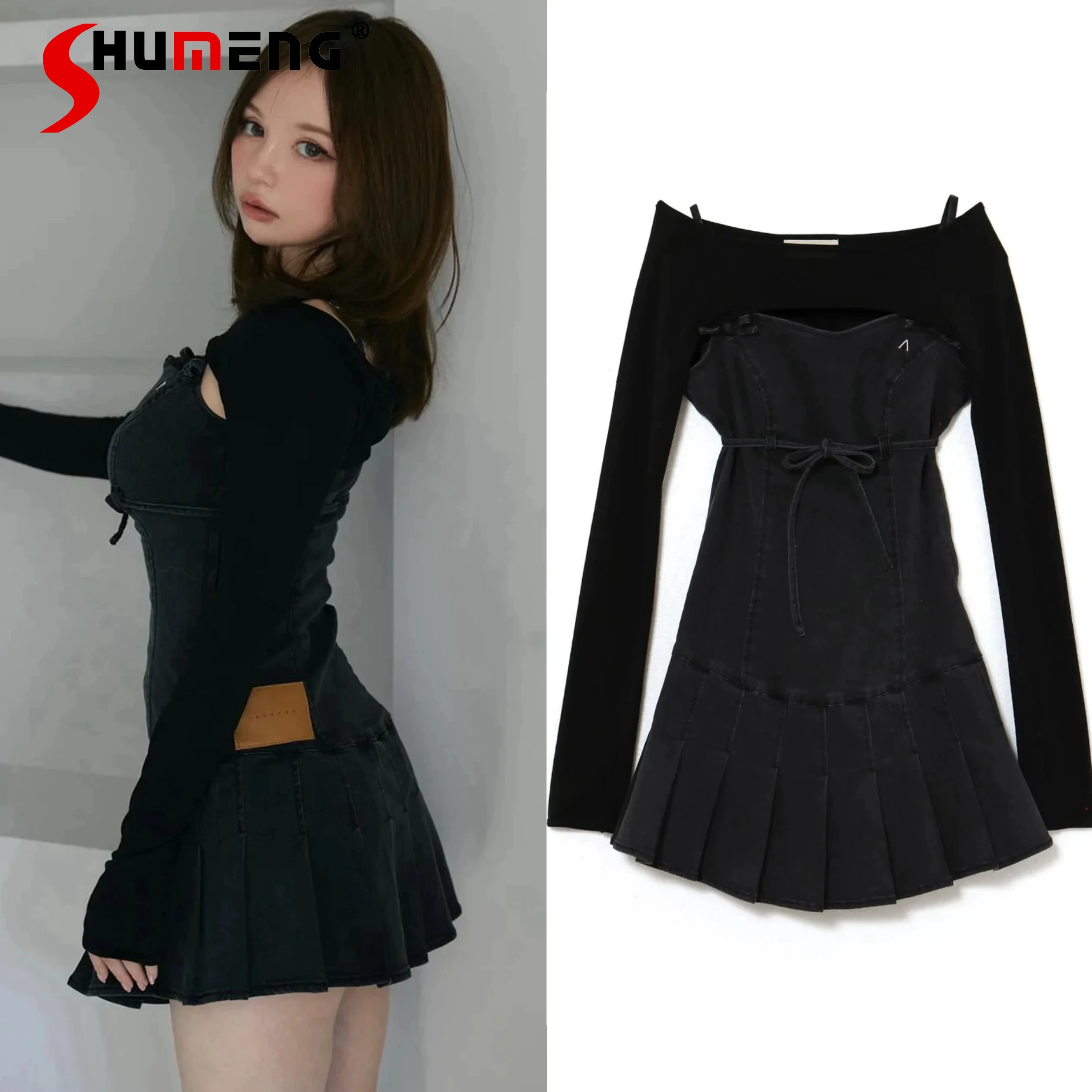 Primavera e outono senhora sling vestidos blusa conjunto de 2 peças estilo japonês doce moda feminina fino ajuste denim vestido terno superior 2025