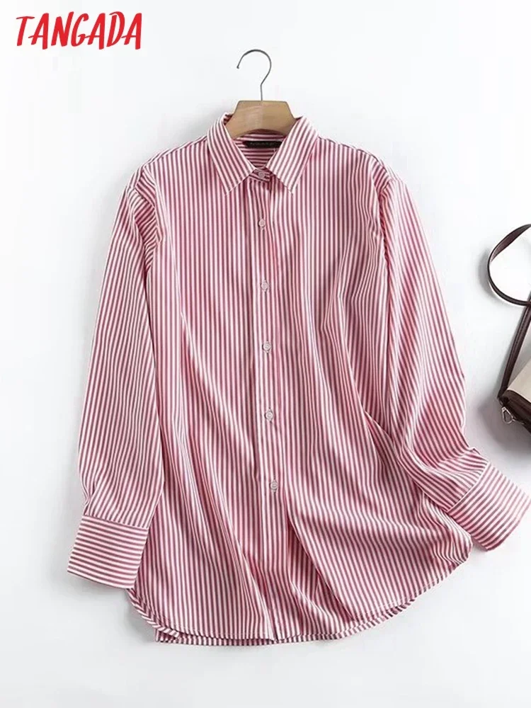 Tangada 2023 women striped print shirt blouse long sleeve chic female office lady loose tops 4C162