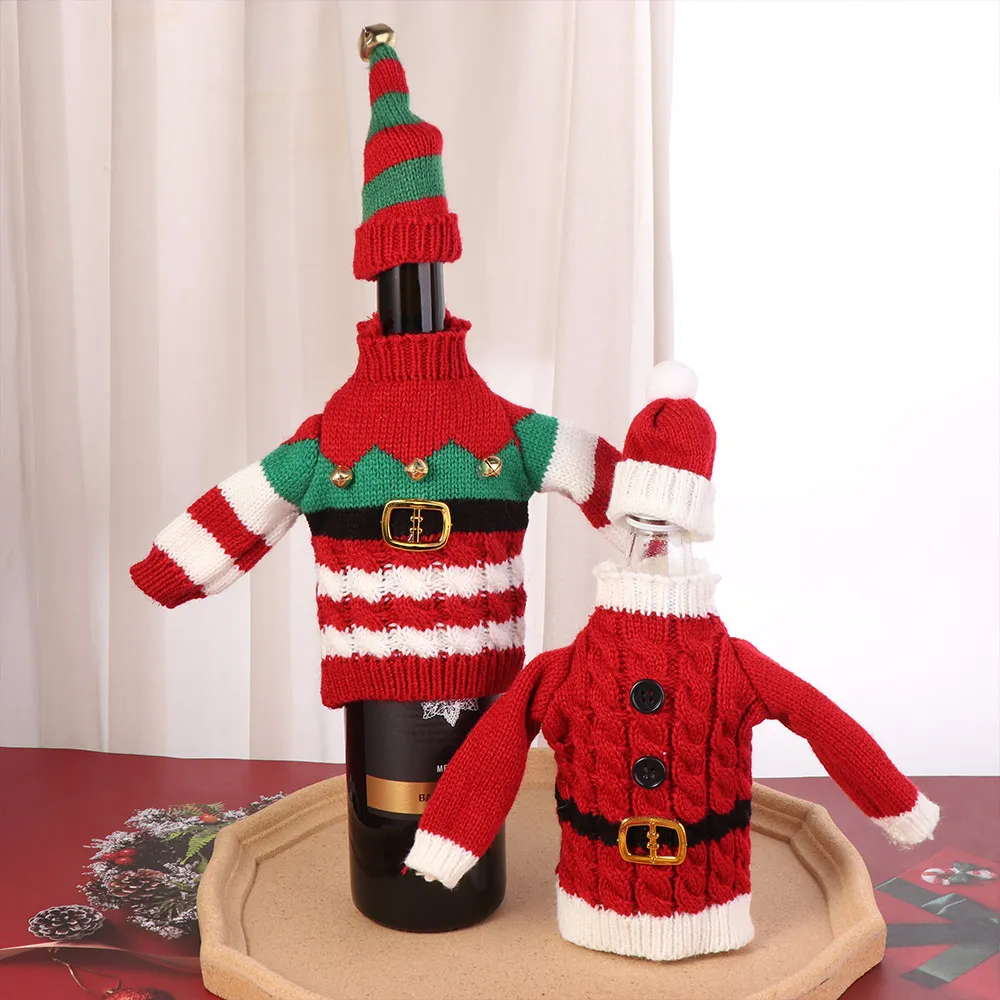 Creative Christmas Wine Bottle Cover DIY Handmade Christmas Bottle Knitting Dress Reusable Washable Wine Bottle Knitted Sweaters
