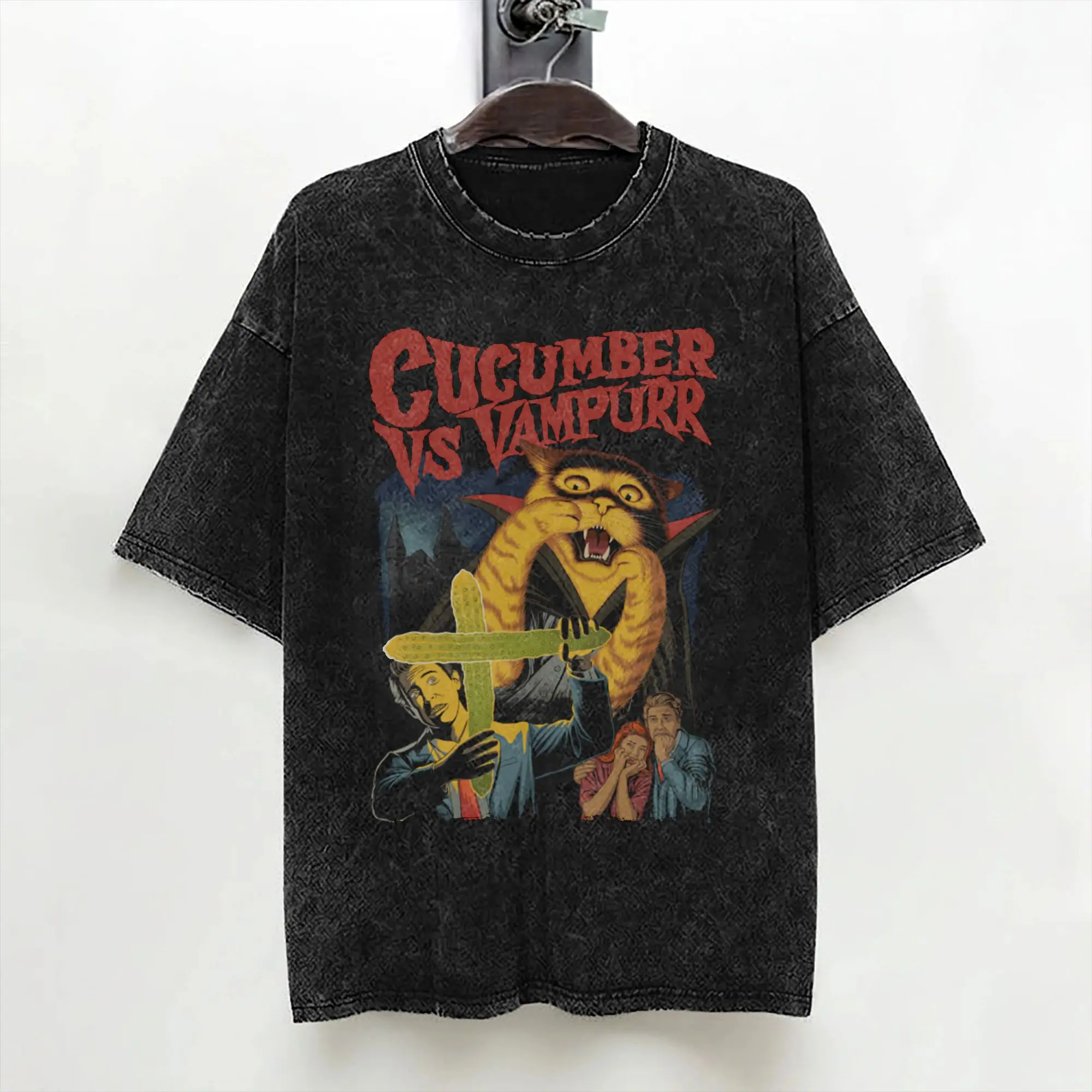 The Return of Vampurr T Shirts Washed Short Sleeve T-Shirts Vampire Cat Vs Cucumber Men Women Streetwear Printed Tees