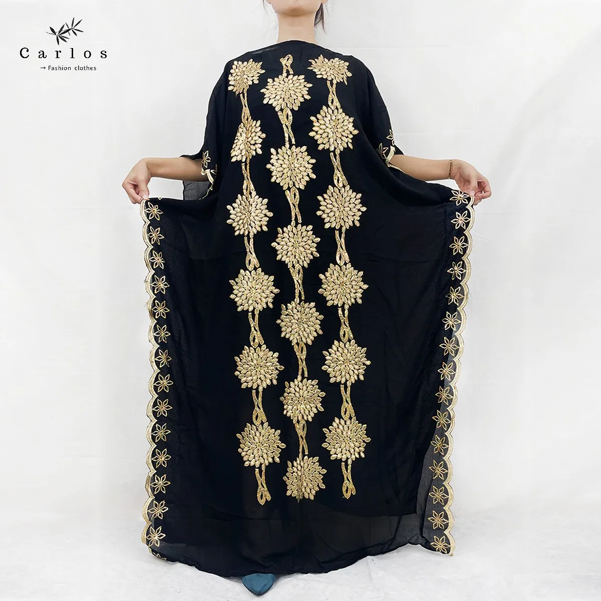 2022 New Arrival African Embroidery Flower Dresse With Scarf Big Size Women Muslim Sequin Embroidery Long Black Lady Clothes