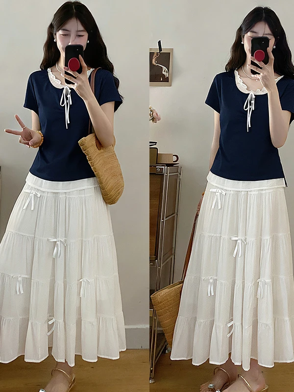 

Модный комплект больших размеров для женщин: летняя новинка, футболка с коротким рукавом и белая юбка с высокой талией, костюм-двойка для повседневной носки.