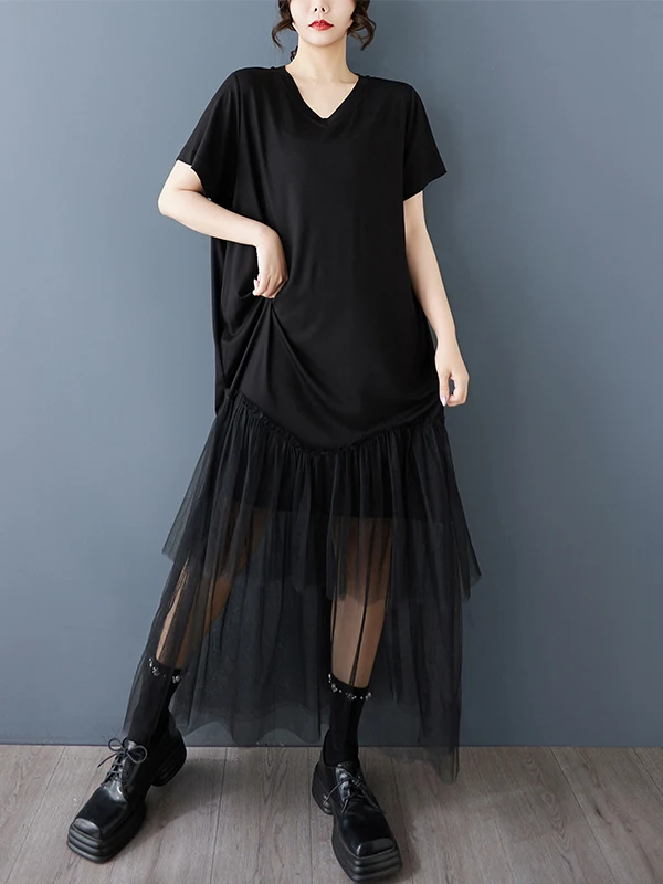 فستان نسائي صيفي 2025 بمقاسات كبيرة، فستان تي شيرت بتصميم شبكي يشبه القطعتين، فستان أسود فضفاض بأكمام قصيرة وياقة على شكل V #3