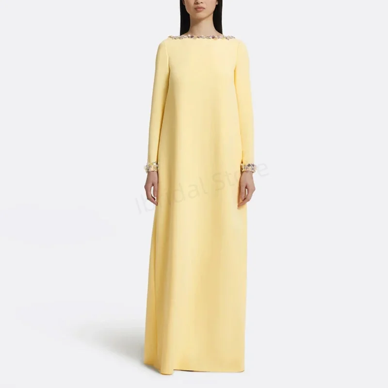 

Customized Crystal Bead Elegant Prom Dresses For Women Round Neck Long Sleeve Solid Long Chic Evening Dress Female