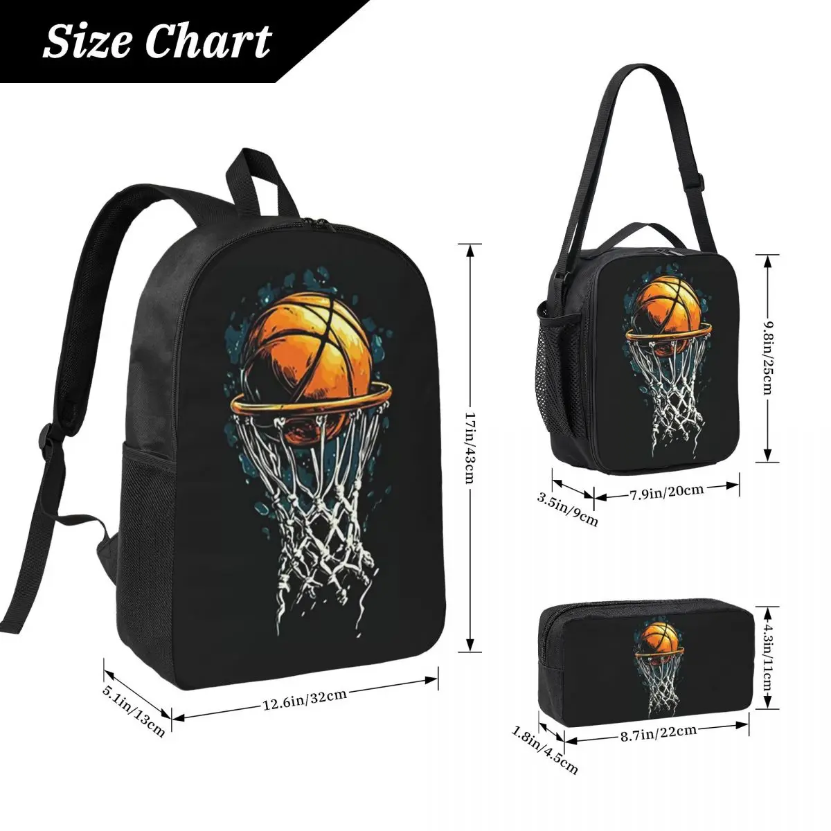 Sporty Basketball Themed Backpack Boys Girls BookBag School Bag Laptop Shoulder Bags 3ps Insulated Lunch Bag Pencil Case