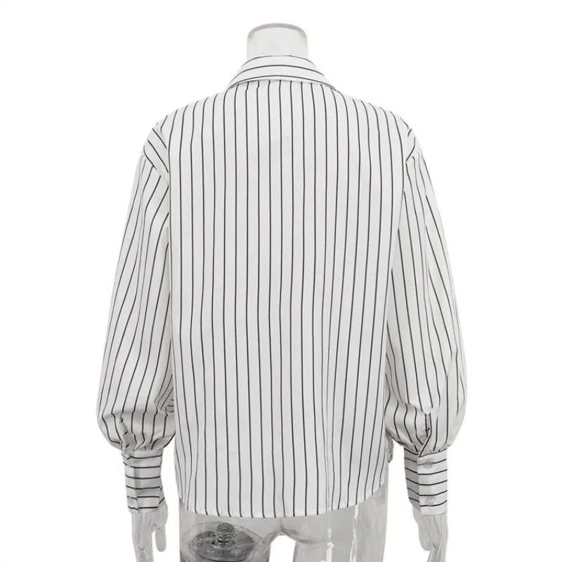 Talenza Women Striped Shirt Fashion Lapel Long Sleeve Hollow Bow Lace-up Cardigan Top 2025 New Chic High Street Printed Blouses