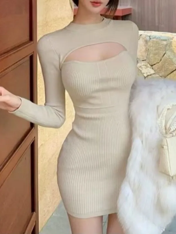 Pure Desire Hollow out Long Sleeve Knitted Dress Women's Autumn Winter Slimming Sexy Spicy Girl High-End Feeling Base Layer W...