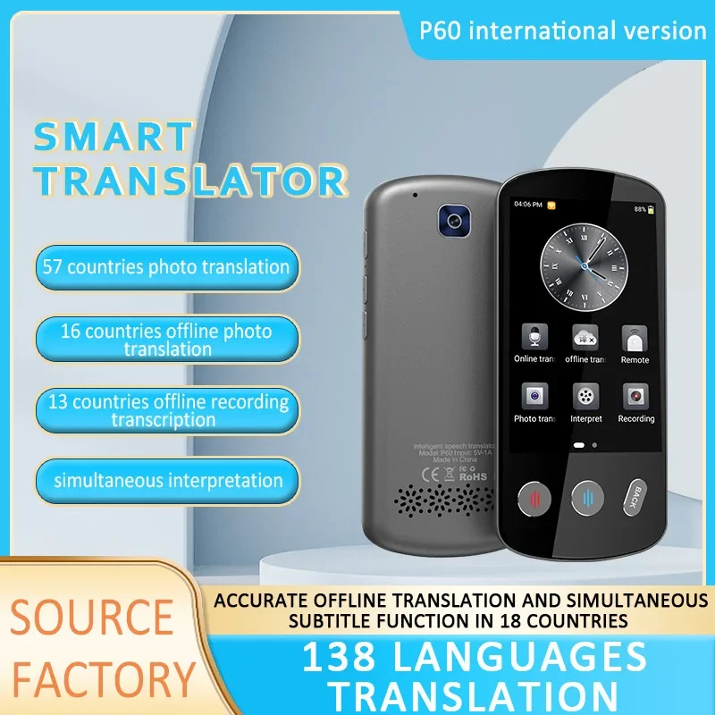 P60 Portable Audio Translator 138 Language Smart Translating Offline In Real Time Smart Voice AI Voice Photo Translating Device