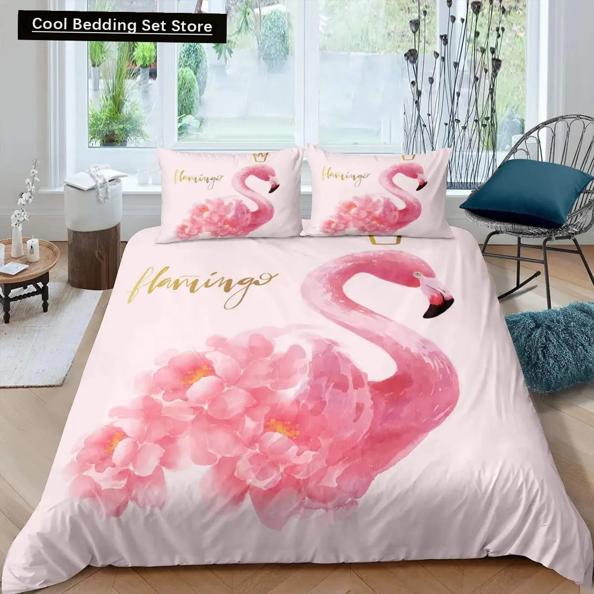

Flamingo Duvet Cover Set Girly Flowers Tropical Animal Bedding Set Pink Floral Polyester Comforter Cover for Girl Children Women