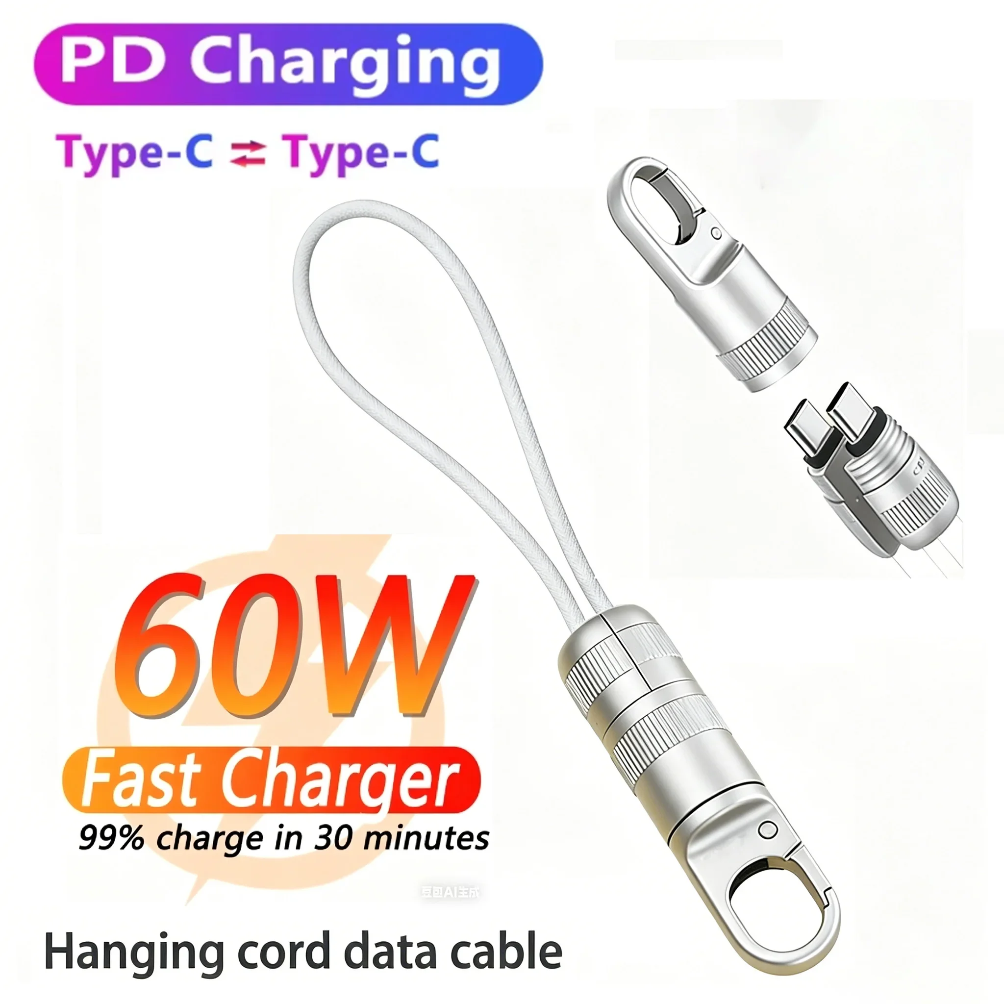 

60W Short USB C To USB C Fast Charging Cable Keychain Short Line Laptop Tablet Charging Cable Type-C to Type-C for iPhone Pro