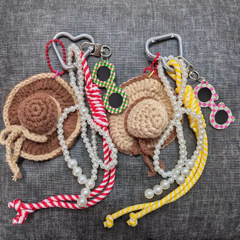 

New Fresh Mori Braided Straw Hat Sunglasses Trend Bag Pendant Pearl Bow Keychain Pendant Fashion Bag Parts Accessories