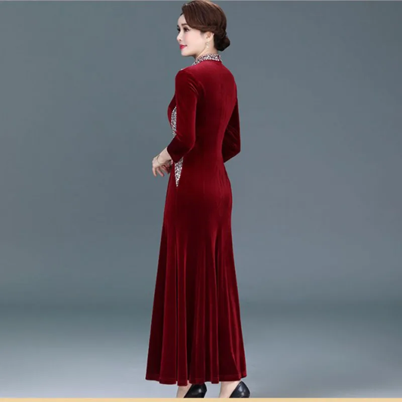 Cheongsam Fishtail Velvet Dress Women 2024 Autumn New Mother Long Dress Lady Fashion Diamond-Encrusted Luxury Party Vestidos 6XL