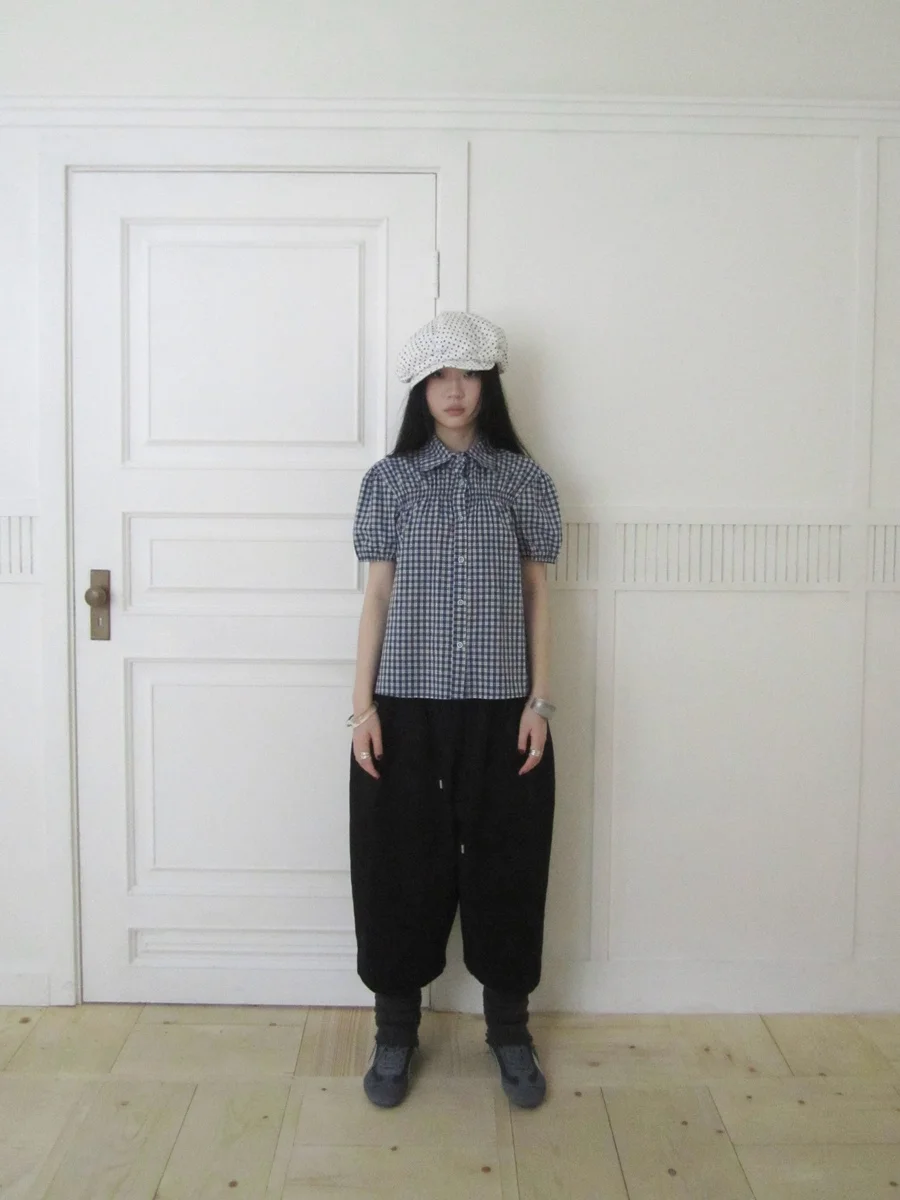 

New Arrival Small Design Sense Plaid Bubble Sve ort Sve irt Vintage Commute Sle Straight Cut Chinese Production